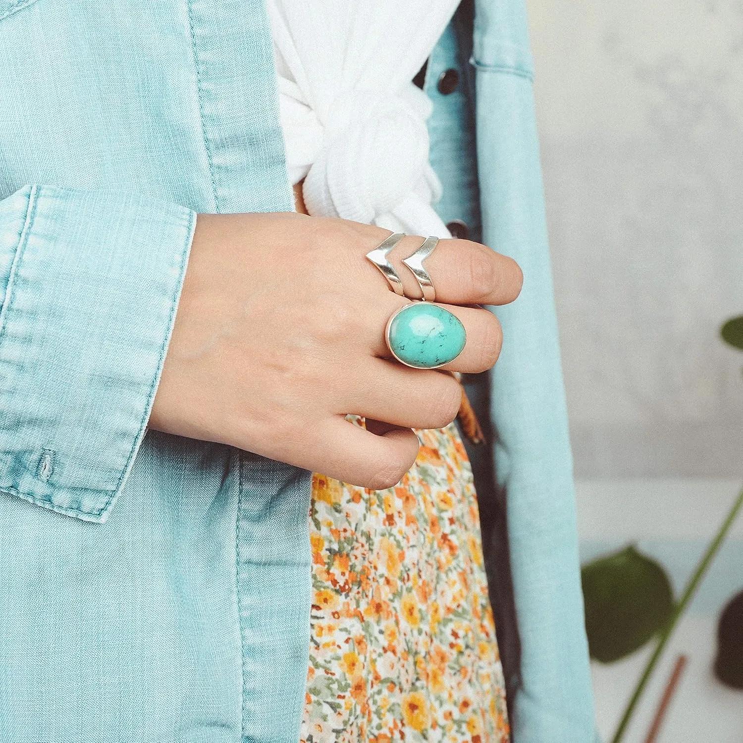 Boho-Magic Sterling Silver Chevron Ring for Women Statement Large Wide Band Full Finger