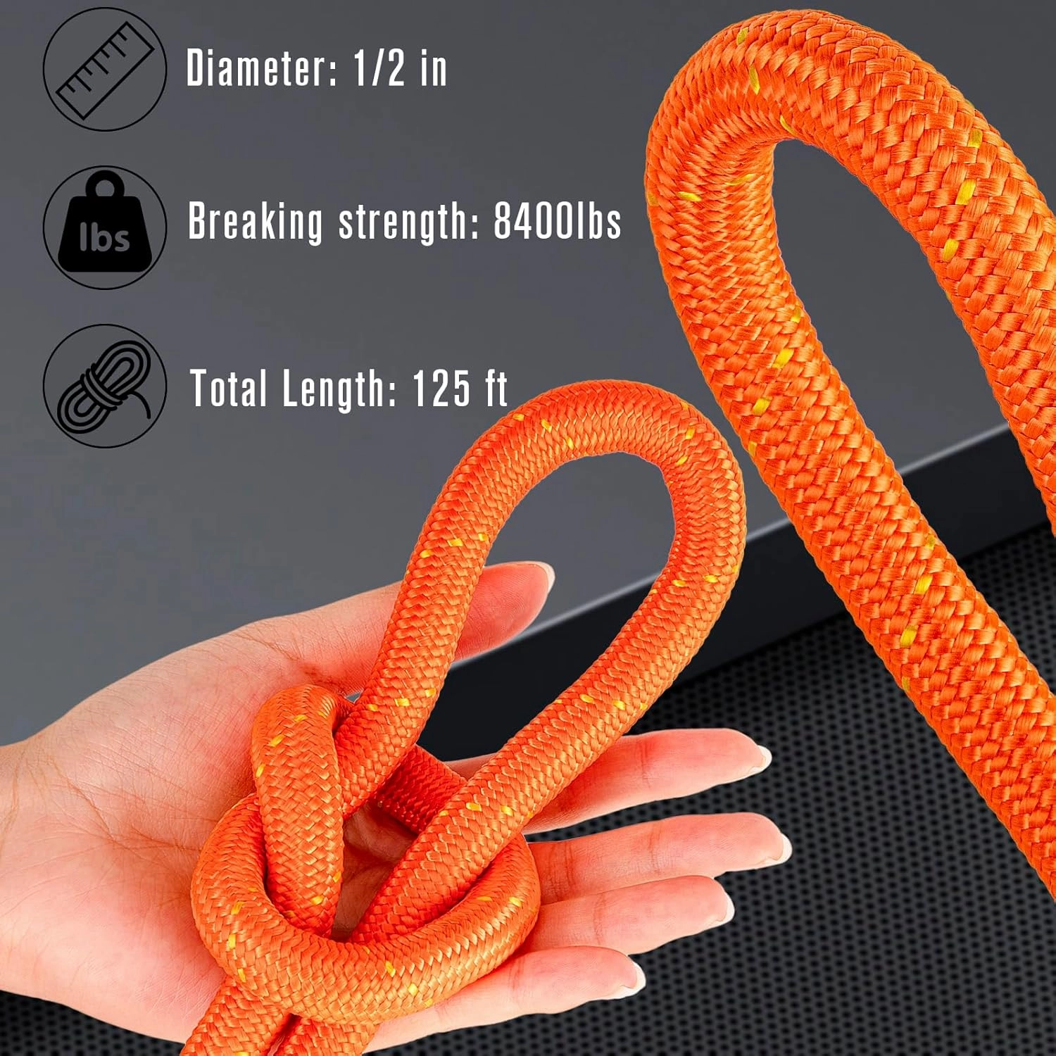 Braided Polyester Rope - 1/2 in x 125 ft Strong Arborist Rigging Rope High Strength Polyester Rope No-Stretch Rope for Climbing Tree Swing Pulling Sailing 8400 Lbs Breaking Strength(Orange)