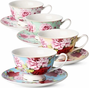 BTaT- Floral Tea Cups and Saucers Set of 4 (7 oz), Porcelain Tea Cup Sets, Assorted Colors with Gold Trim & Gift Box, Dishwasher & Freezer Safe