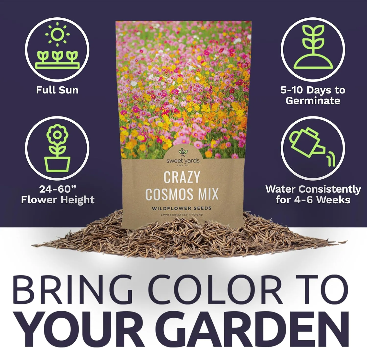 Bulk Cosmos Seeds Wildflower Mixture - 1 Pound Bag - Over 80,000 Seeds - Pink, Yellow, Orange, Red, Purple and White Mixed Species!