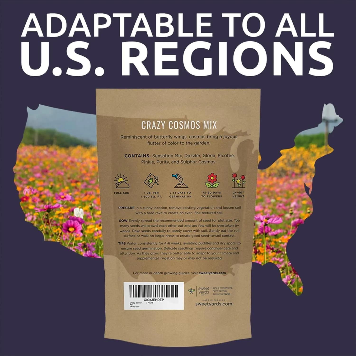 Bulk Cosmos Seeds Wildflower Mixture - 1 Pound Bag - Over 80,000 Seeds - Pink, Yellow, Orange, Red, Purple and White Mixed Species!