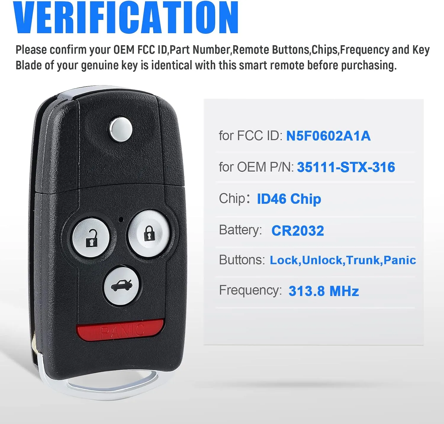 Car Key Fob Keyless Entry Remote Replacement for Acura MDX/RDX 2007 2008 2009 2010 2011 2012 2013 FCC ID:N5F0602A1A P/N:35111-STX-316 4 Buttons…