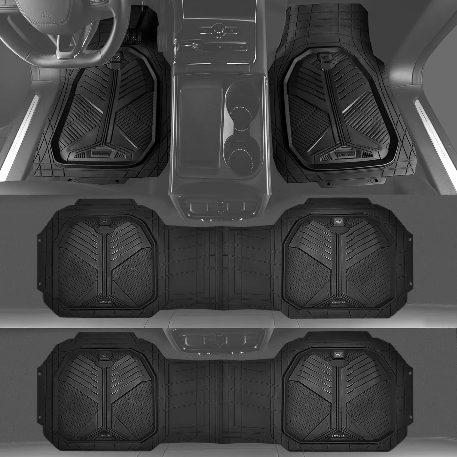 CAR PASS Heavy Duty Rubber Car Mats, Deep-Dish All Weather 3 Row Car Floor Mats for 7 Seater 8 Seats 2nd & 3rd Row, Waterproof Anti-Slip Universal Trim-to-Fit for SUV, MPV, 7 Passengers Vehicle
