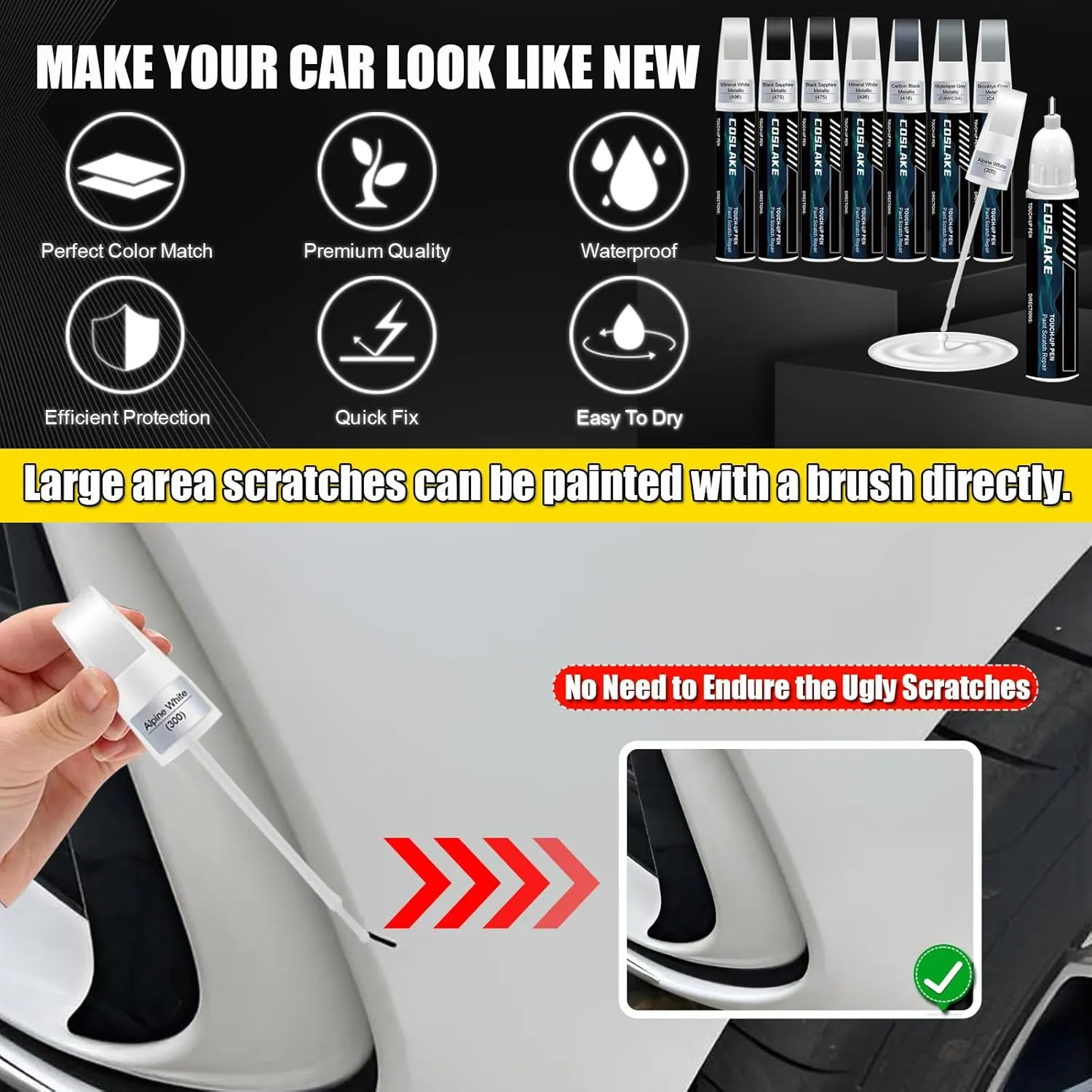 Car Touch Up Paint(Alpine White(300)) for BMW, Car Paint Scratch Repair Kit, Quick & Easy Solution to Repair, 2 in 1 Scratch Remover Pen with Color-Matched