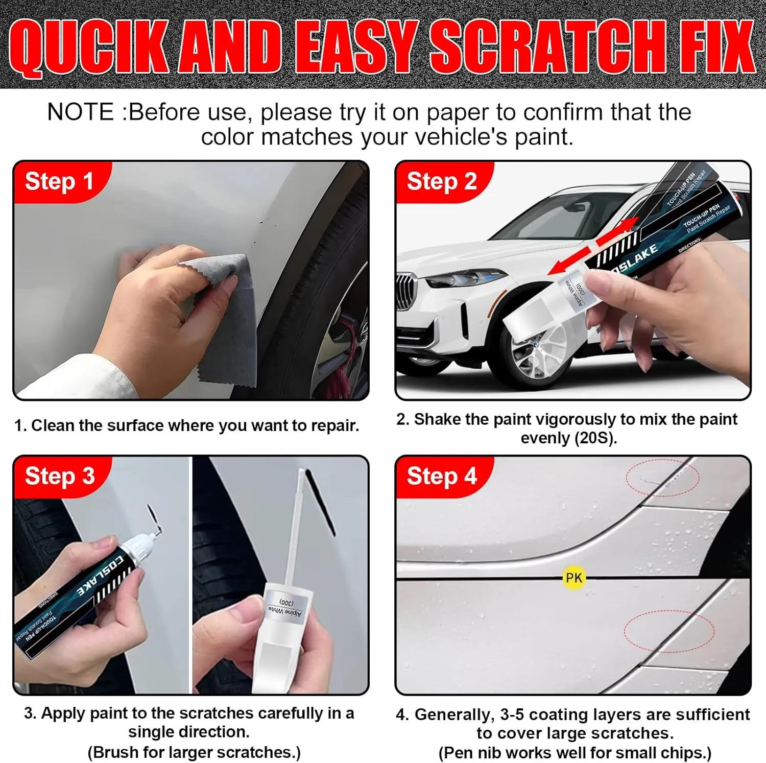 Car Touch Up Paint(Alpine White(300)) for BMW, Car Paint Scratch Repair Kit, Quick & Easy Solution to Repair, 2 in 1 Scratch Remover Pen with Color-Matched