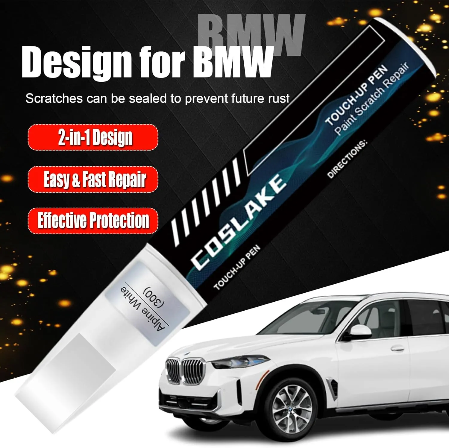 Car Touch Up Paint(Alpine White(300)) for BMW, Car Paint Scratch Repair Kit, Quick & Easy Solution to Repair, 2 in 1 Scratch Remover Pen with Color-Matched