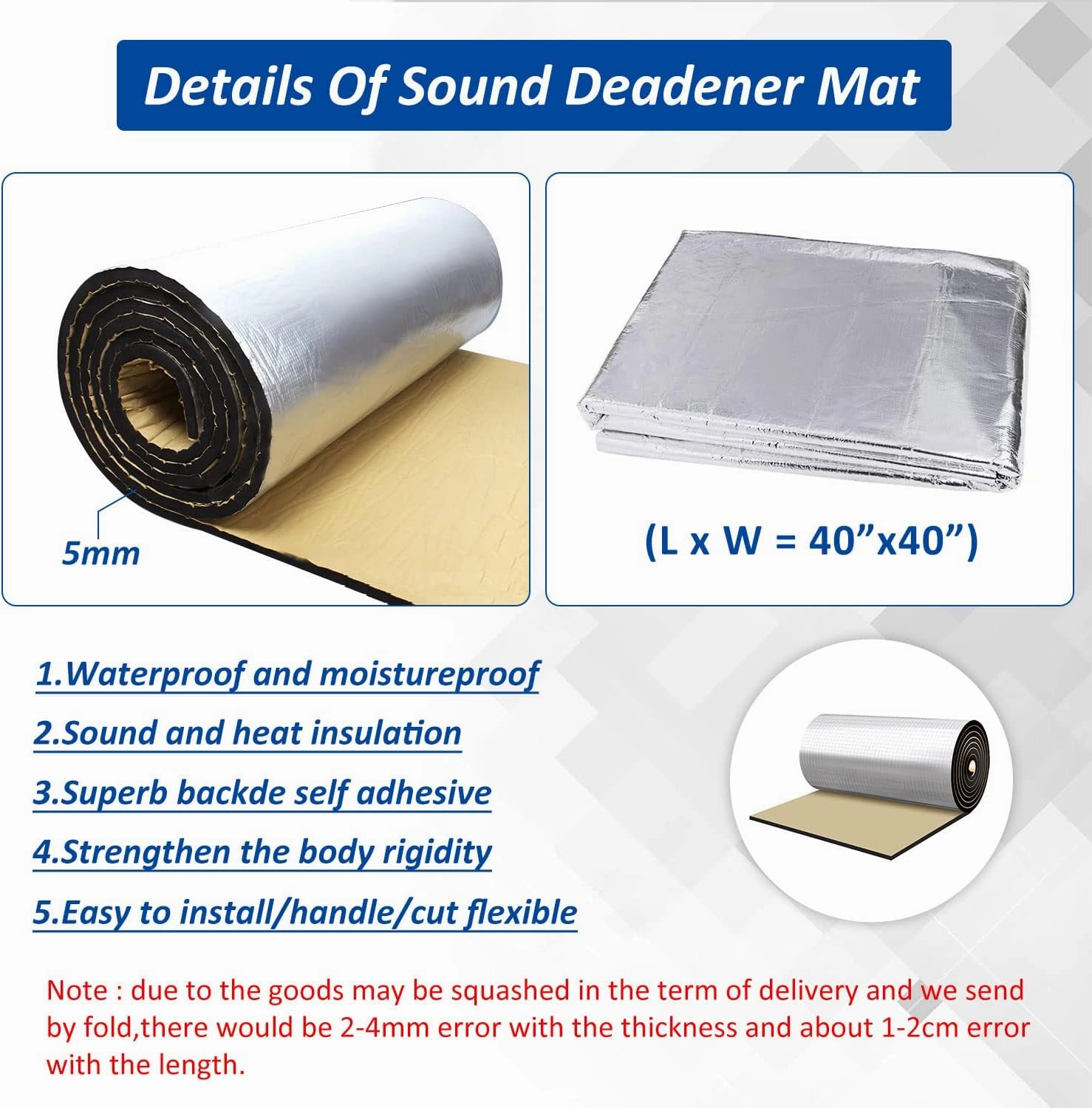 Car Heat Sound Deadening Insulation Mat, Sound Deadener & Heat Insulation Pad for Auto Hood Engine Roof Door and Trunk - 197mil 21.6sqft - 40 Inch x 40 Inch - 2PACK, Aluminum Foil