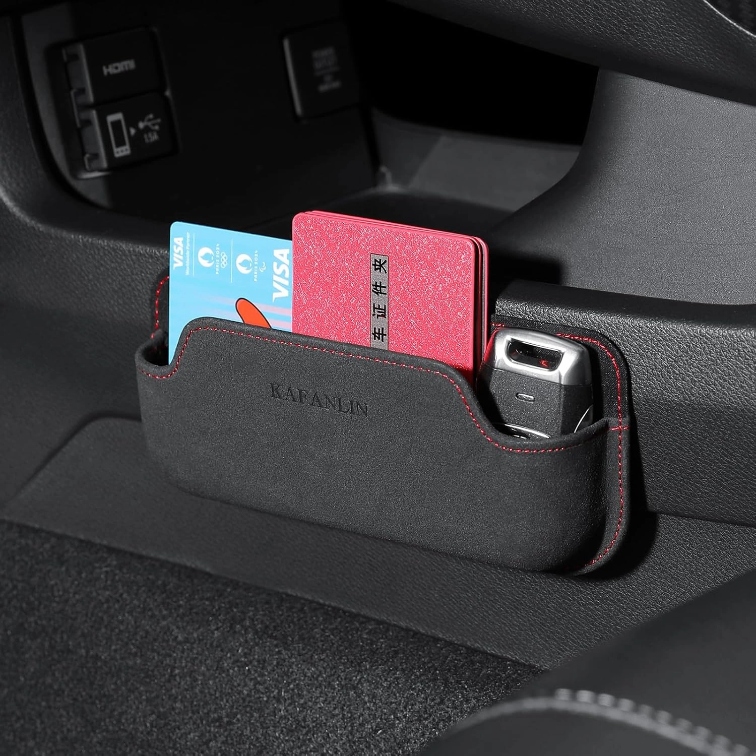 Car Seat Side Pocket Organizer Leather Mini Storage Bag for Auto Door Window Console Sunglass Eyeglass Card Pen Phone Holder Tray Pouch Vehicle Seat Gap Filler (KAFANLIN black)