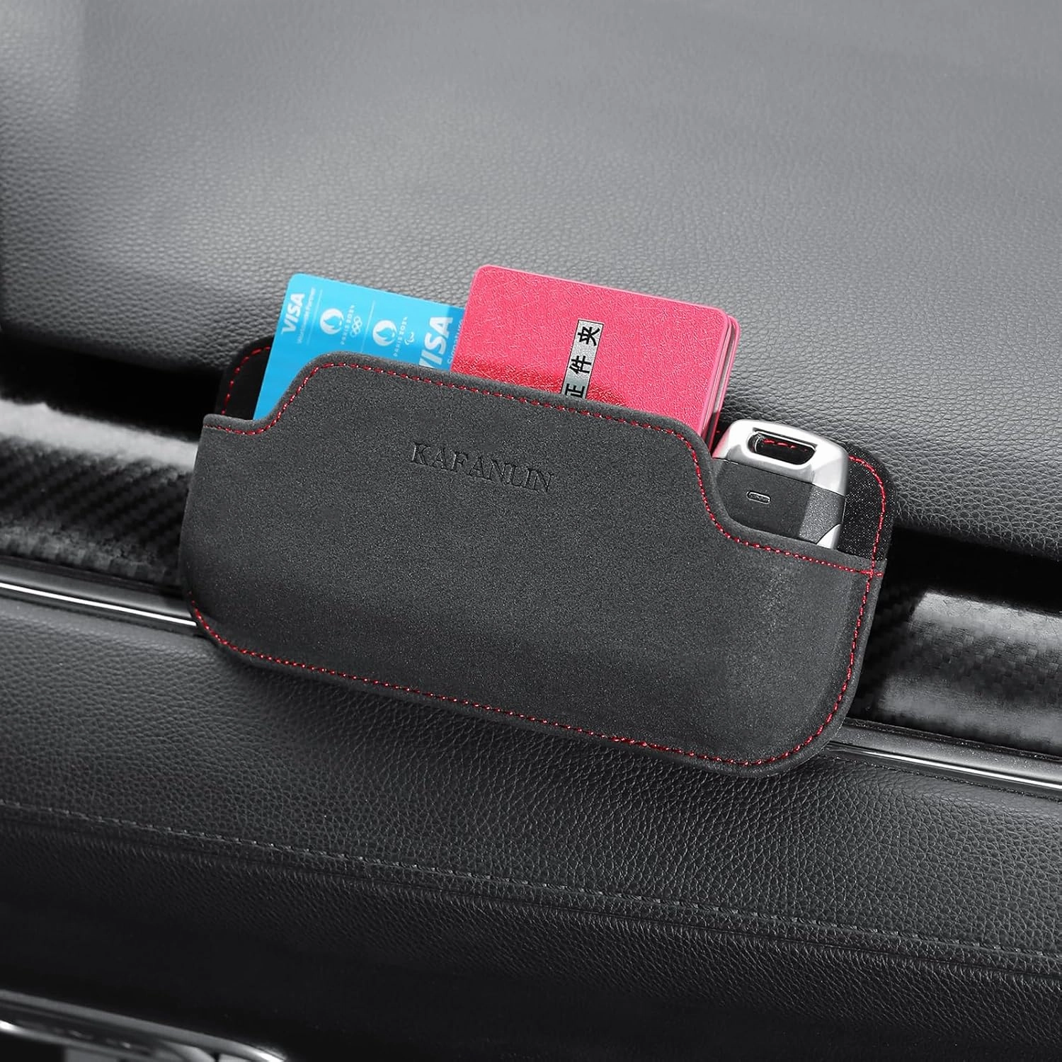 Car Seat Side Pocket Organizer Leather Mini Storage Bag for Auto Door Window Console Sunglass Eyeglass Card Pen Phone Holder Tray Pouch Vehicle Seat Gap Filler (KAFANLIN black)