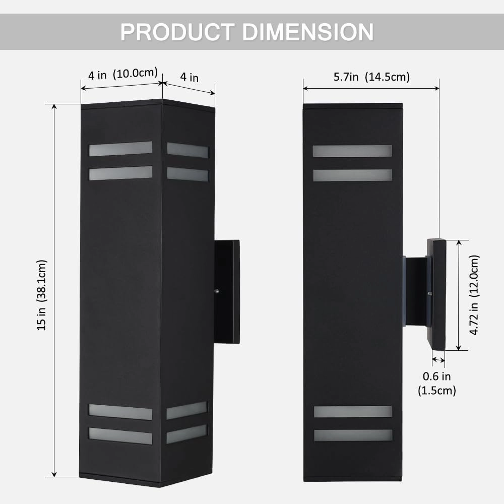 Cerdeco Aluminum Modern Outdoor Wall Light,15" Exterior Up Down Wall Sconce Light Fixture Sand Textured Black with 3-Sided Frosted Glasses [UL Listed]
