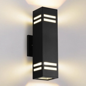 Cerdeco Aluminum Modern Outdoor Wall Light,15" Exterior Up Down Wall Sconce Light Fixture Sand Textured Black with 3-Sided Frosted Glasses [UL Listed]