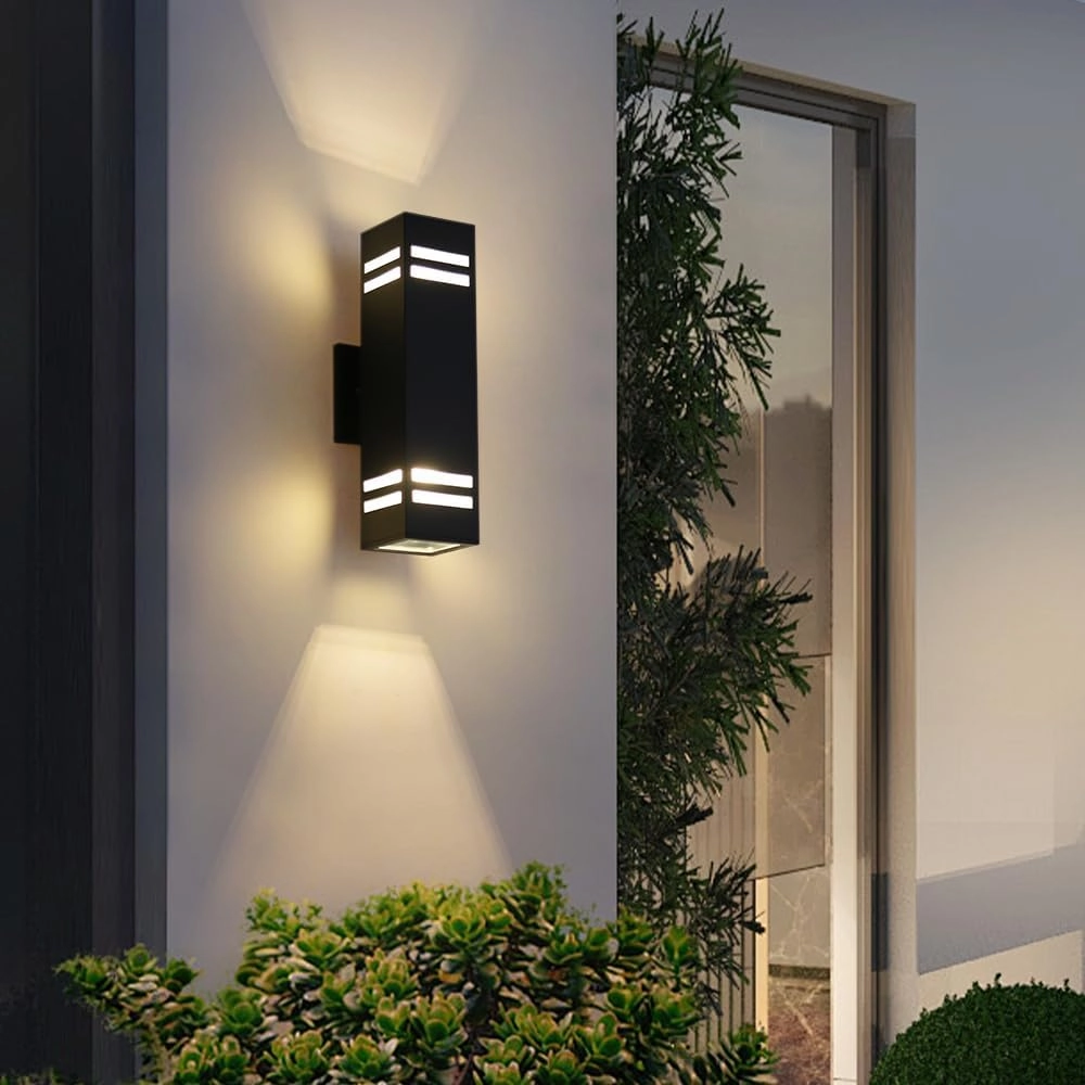 Cerdeco Aluminum Modern Outdoor Wall Light,15" Exterior Up Down Wall Sconce Light Fixture Sand Textured Black with 3-Sided Frosted Glasses [UL Listed]