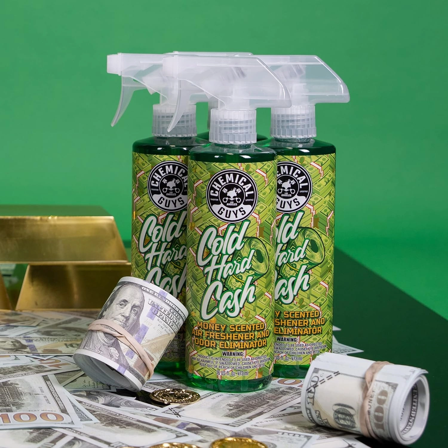Chemical Guys ‎Cold Hard Cash, Money Scented Premium Air Freshener & Odor Eliminator, (for Cars, Trucks, SUVs, RVs, Home, Office, Dorm Room & More) 16 Fl Oz