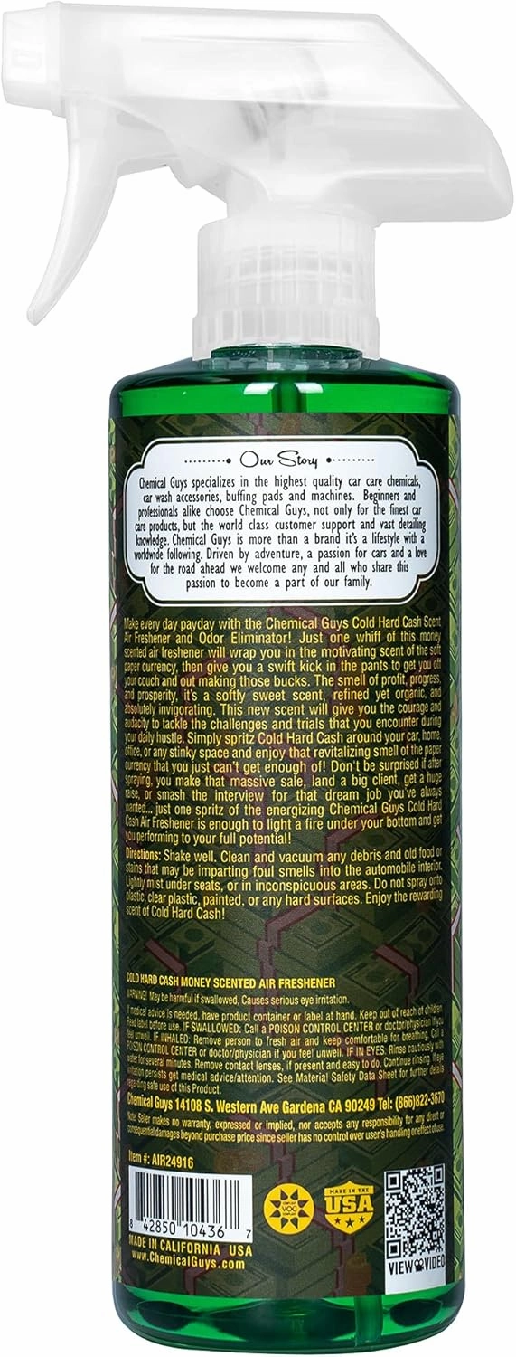 Chemical Guys ‎Cold Hard Cash, Money Scented Premium Air Freshener & Odor Eliminator, (for Cars, Trucks, SUVs, RVs, Home, Office, Dorm Room & More) 16 Fl Oz