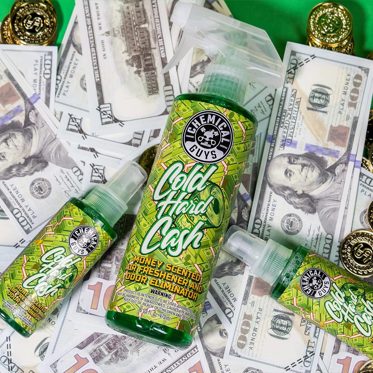 Chemical Guys ‎Cold Hard Cash, Money Scented Premium Air Freshener & Odor Eliminator, (for Cars, Trucks, SUVs, RVs, Home, Office, Dorm Room & More) 16 Fl Oz