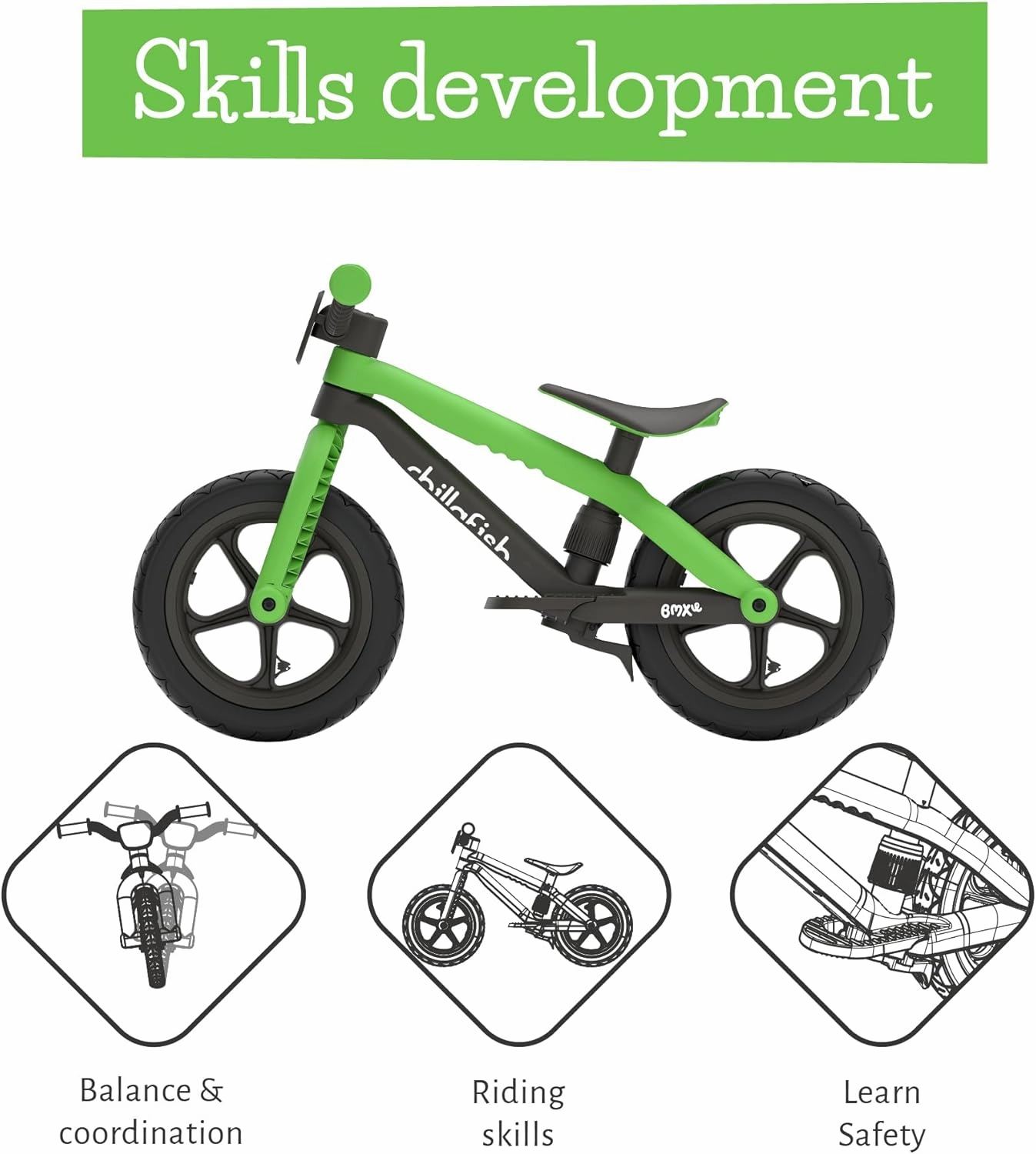 Chillafish Bmxie² Lightweight Balance Bike with Integrated Footrest and Footbrake for Kids Ages 2 to 5 Years, 12-inch Airless Rubberskin Tires, Adjustable Seat Without Tools, Kiwi