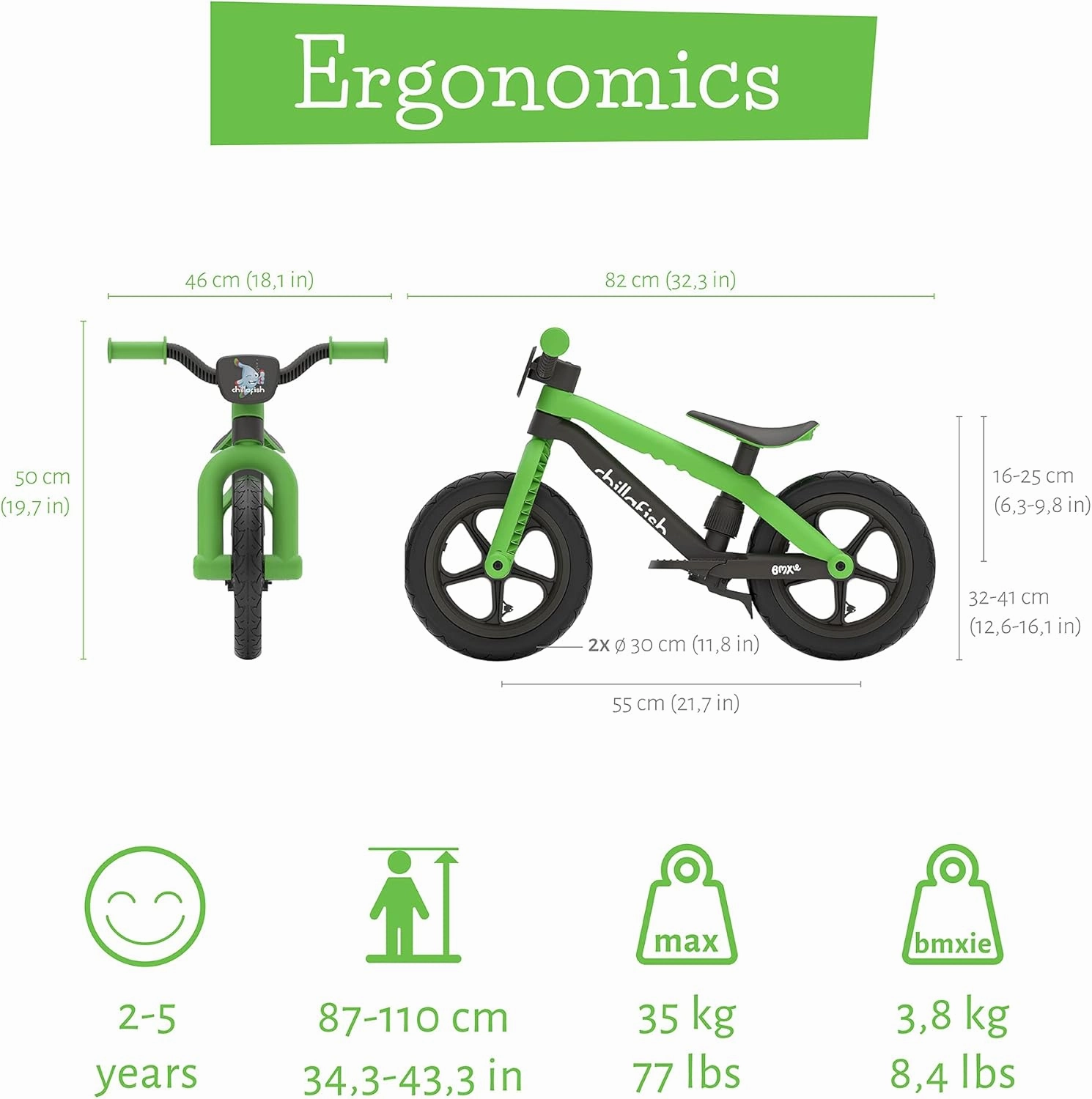 Chillafish Bmxie² Lightweight Balance Bike with Integrated Footrest and Footbrake for Kids Ages 2 to 5 Years, 12-inch Airless Rubberskin Tires, Adjustable Seat Without Tools, Kiwi