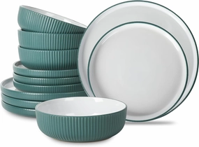 Christian Siriano Laro 12-Piece Stoneware Dinnerware Set, Plates and Bowls Set, Microwave and Dishwasher Safe, Dish Set for 4, Green