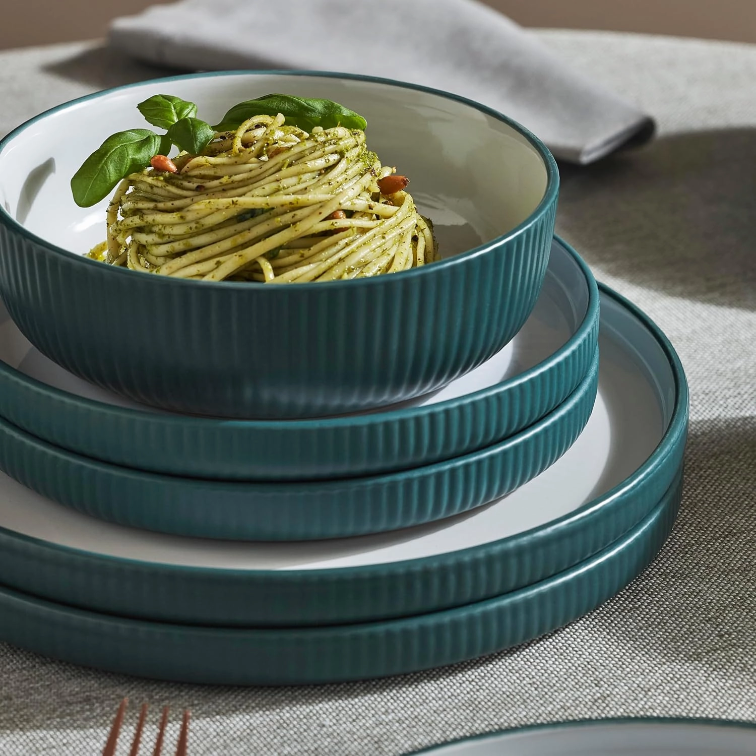 Christian Siriano Laro 12-Piece Stoneware Dinnerware Set, Plates and Bowls Set, Microwave and Dishwasher Safe, Dish Set for 4, Green