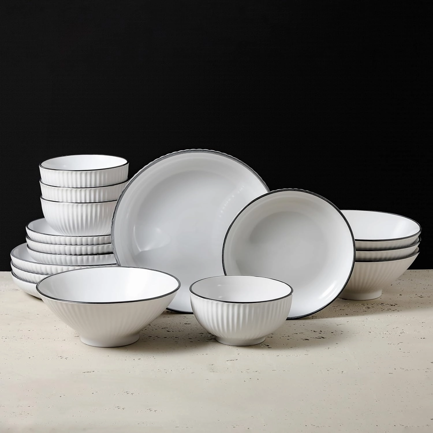Christian Siriano Lustra Modern 16-Piece Stoneware Dinnerware Set, Plates and Bowls Set, Dinner and Salad Plates, Ramen Bowls, Dishes for 4, White