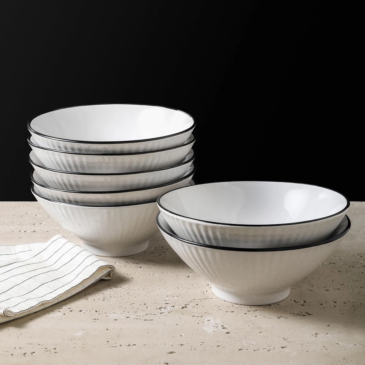 Christian Siriano Lustra Modern 16-Piece Stoneware Dinnerware Set, Plates and Bowls Set, Dinner and Salad Plates, Ramen Bowls, Dishes for 4, White
