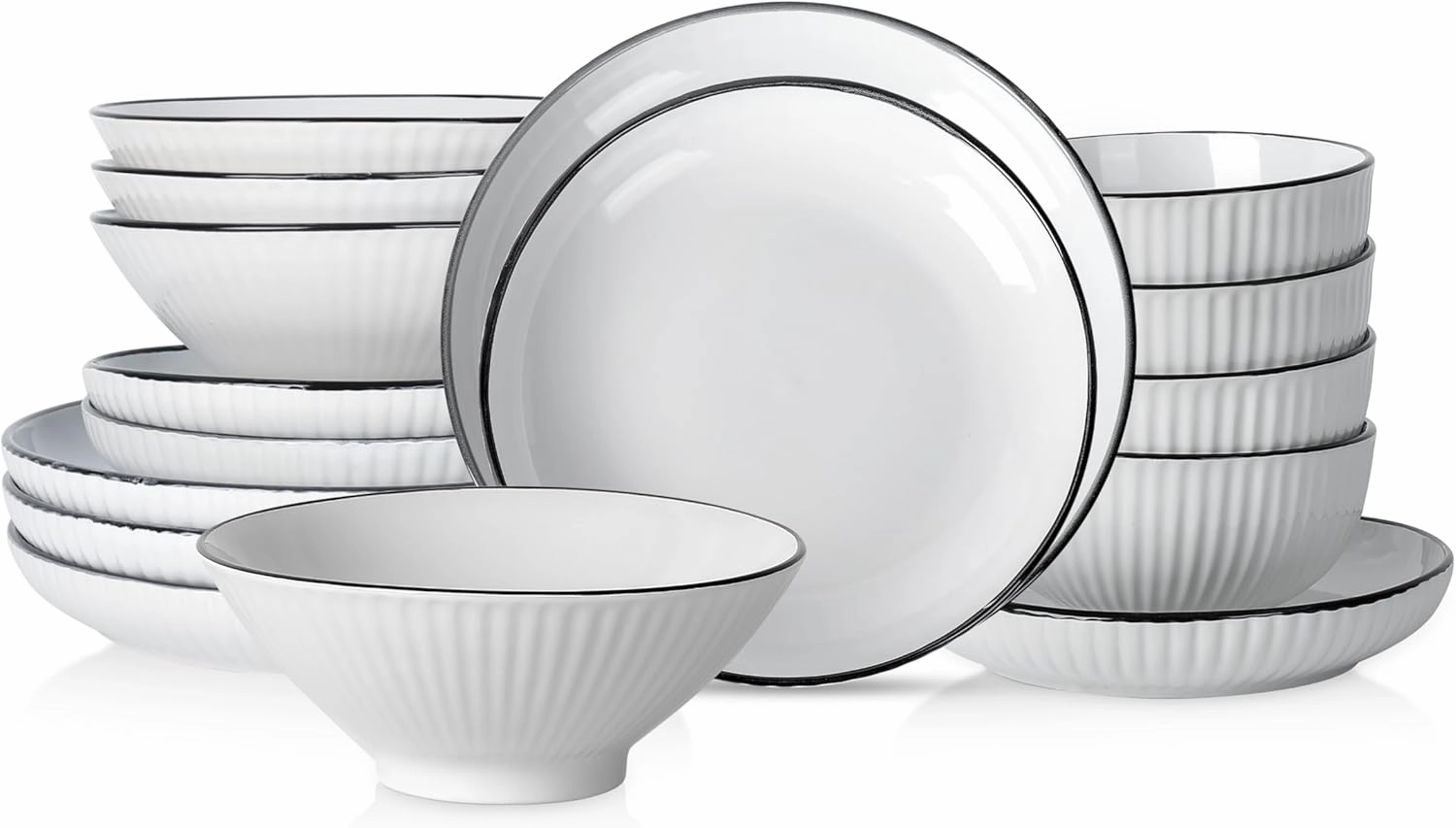 Christian Siriano Lustra Modern 16-Piece Stoneware Dinnerware Set, Plates and Bowls Set, Dinner and Salad Plates, Ramen Bowls, Dishes for 4, White