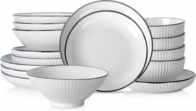 Christian Siriano Lustra Modern 16-Piece Stoneware Dinnerware Set, Plates and Bowls Set, Dinner and Salad Plates, Ramen Bowls, Dishes for 4, White