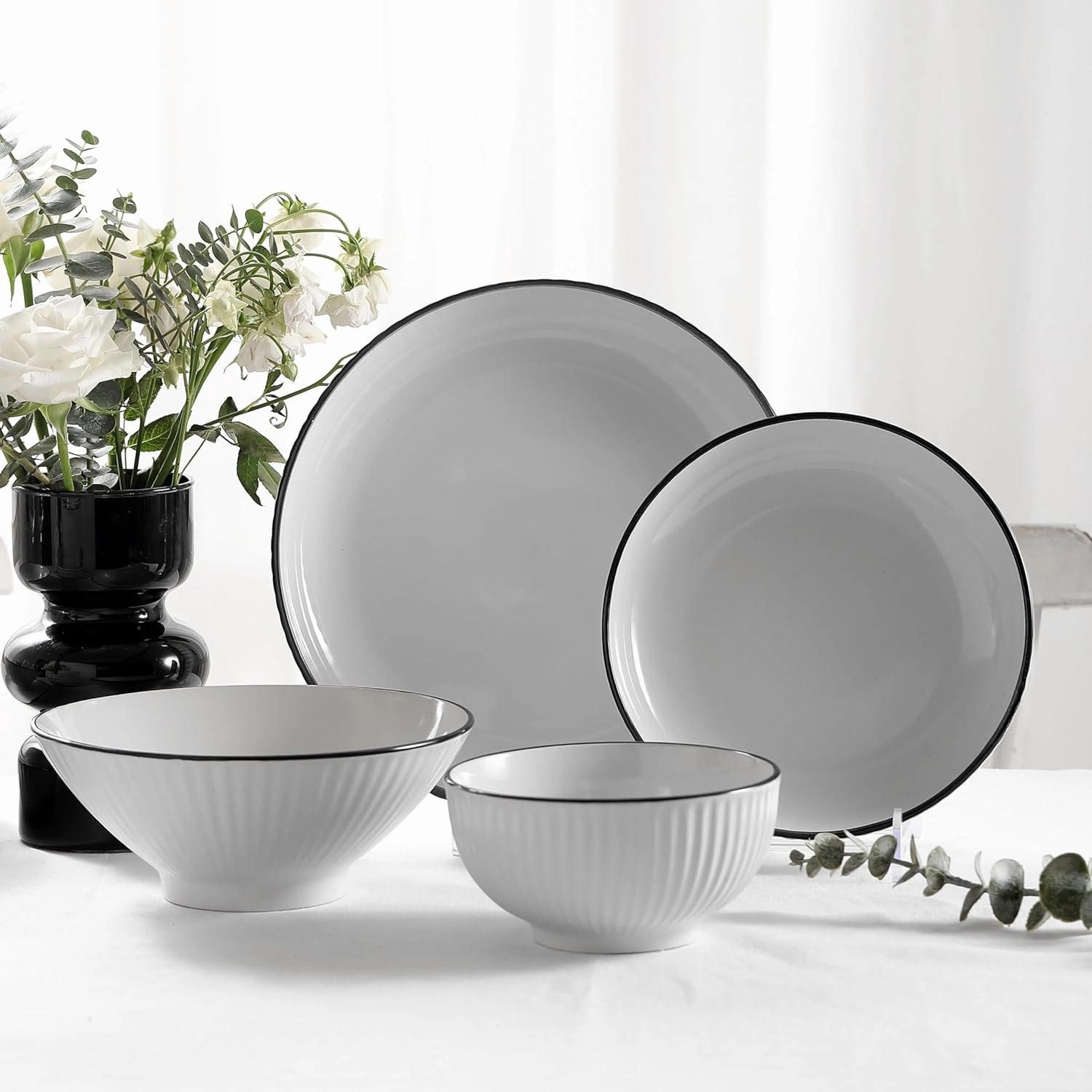 Christian Siriano Lustra Modern 16-Piece Stoneware Dinnerware Set, Plates and Bowls Set, Dinner and Salad Plates, Ramen Bowls, Dishes for 4, White