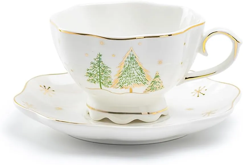 Christmas Pine Trees Fine Porcelain Scallop Shaped Tea Cup and Saucer Set, One Cup with One Saucer Set