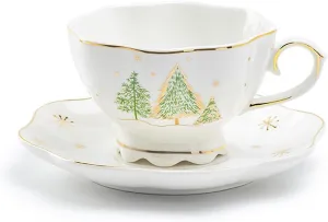 Christmas Pine Trees Fine Porcelain Scallop Shaped Tea Cup and Saucer Set, One Cup with One Saucer Set