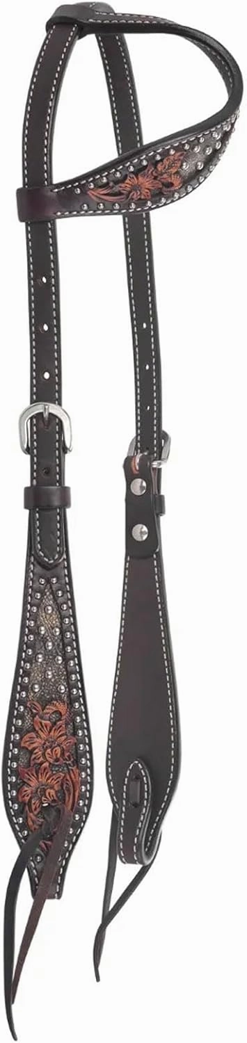 Circle Y Dark Flash Arizona Flower Durable Distressed Leather Western Horse Size One Ear Headstall with Standard Cheeks & Tie Ends | 36" - 43" Headstall Working Length