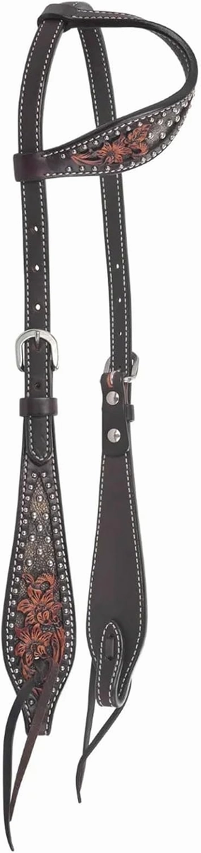 Circle Y Dark Flash Arizona Flower Durable Distressed Leather Western Horse Size One Ear Headstall with Standard Cheeks & Tie Ends | 36" - 43" Headstall Working Length