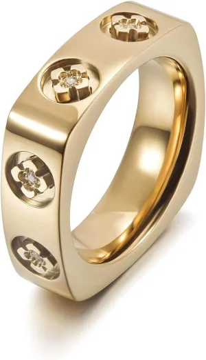 CIUNOFOR 14K Gold Plated Ring Simulated Diamond CZ Cocktail Rings for Women Gold Statement RingsWide Bands for Men Lucky Clover Parallel Bar Ring Show your Personality