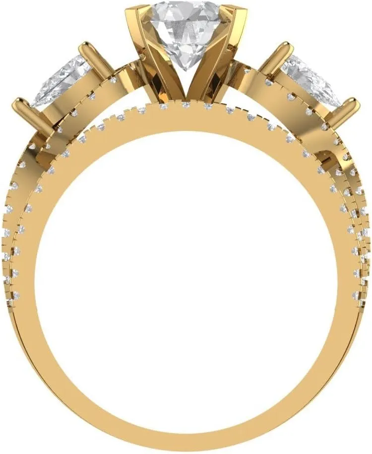 Clara Pucci 1.97ct Round Cut Solitaire 3 stone With Accent Stunning Moissanite Diamond Statement Bridal Ring Band Set 14k Yellow Gold