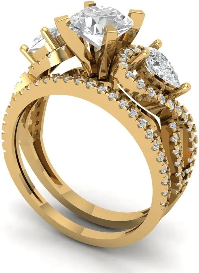 Clara Pucci 1.97ct Round Cut Solitaire 3 stone With Accent Stunning Moissanite Diamond Statement Bridal Ring Band Set 14k Yellow Gold