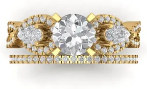 Clara Pucci 1.97ct Round Cut Solitaire 3 stone With Accent Stunning Moissanite Diamond Statement Bridal Ring Band Set 14k Yellow Gold