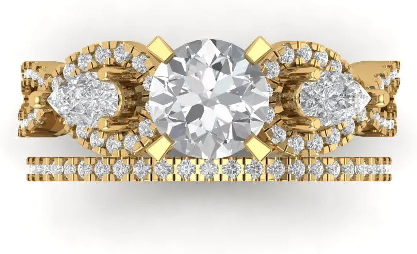 Clara Pucci 1.97ct Round Cut Solitaire 3 stone With Accent Stunning Moissanite Diamond Statement Bridal Ring Band Set 14k Yellow Gold