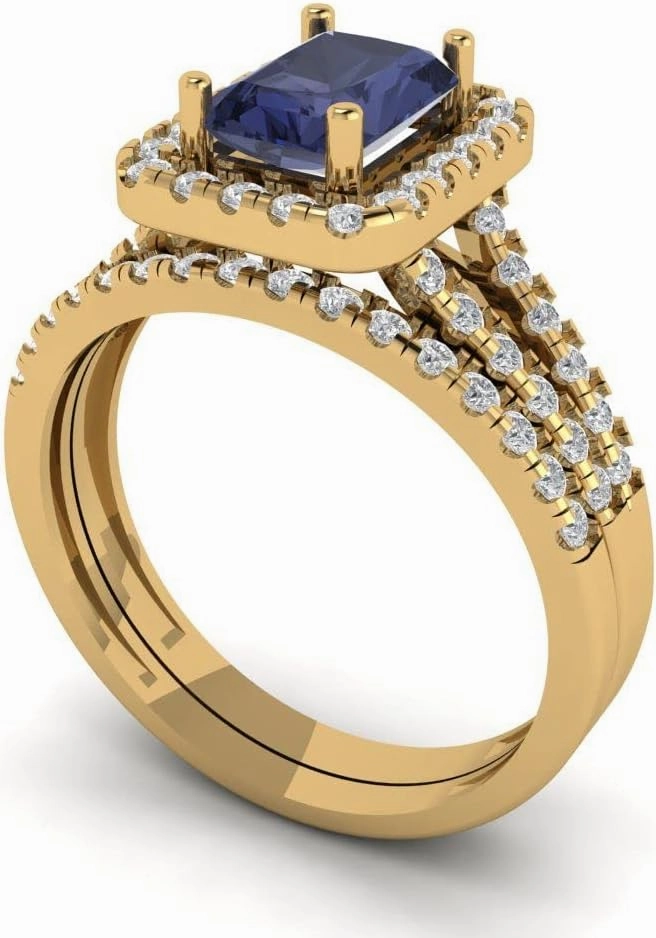 Clara Pucci 1.60ct Emerald Round cut Custom Engraving Halo Faux Blue Sapphire Engagement Ring Band Wedding Bridal Set 14k Yellow Gold 10