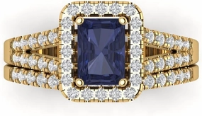 Clara Pucci 1.60ct Emerald Round cut Custom Engraving Halo Faux Blue Sapphire Engagement Ring Band Wedding Bridal Set 14k Yellow Gold 10