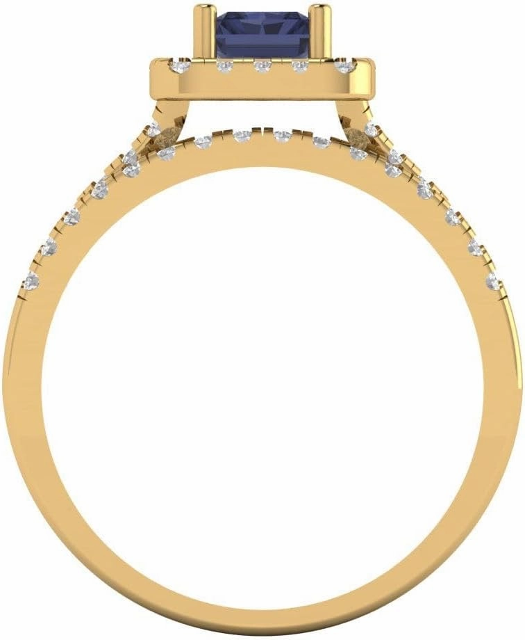 Clara Pucci 1.60ct Emerald Round cut Custom Engraving Halo Faux Blue Sapphire Engagement Ring Band Wedding Bridal Set 14k Yellow Gold 10