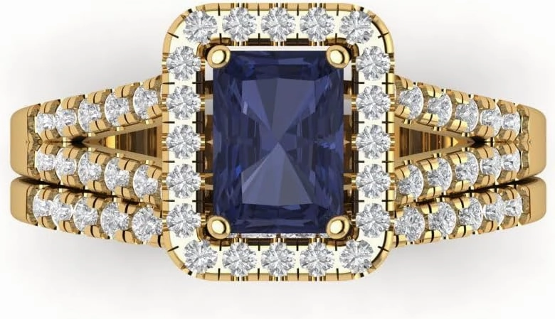 Clara Pucci 1.60ct Emerald Round cut Custom Engraving Halo Faux Blue Sapphire Engagement Ring Band Wedding Bridal Set 14k Yellow Gold 10