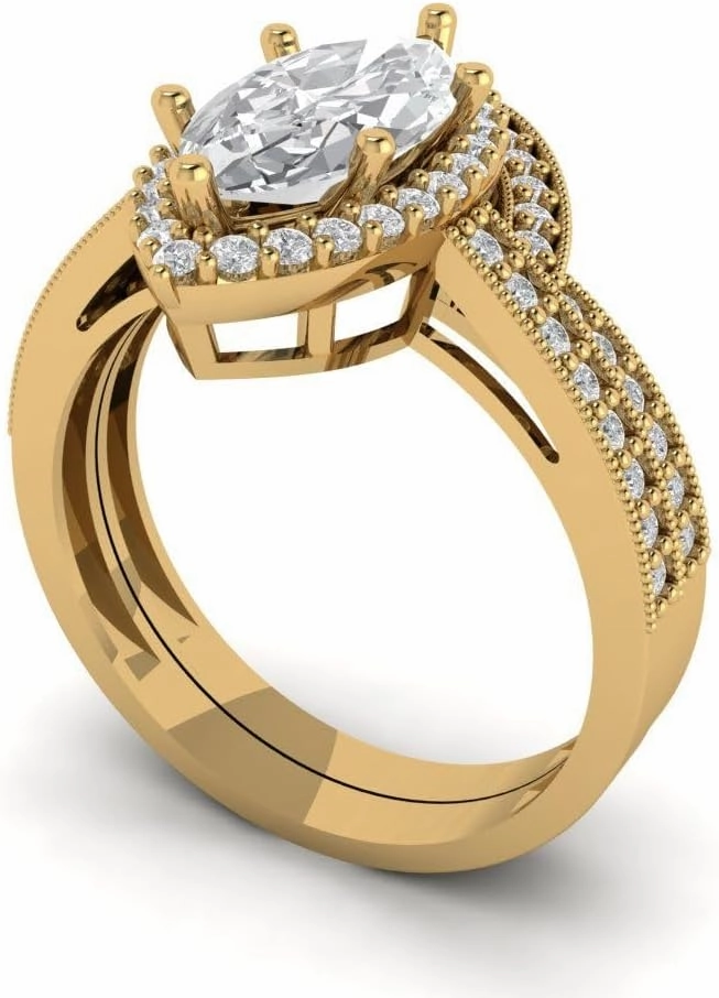 Clara Pucci 2.1 carat Marquise Cut Halo Solitaire White Sapphire Wedding Anniversary Bridal ring band set 14k Yellow Gold