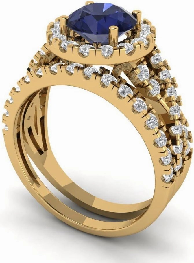 Clara Pucci 2.40ct Round cut Custom Engraving Halo Faux Blue Sapphire Engagement Ring Band Wedding Bridal Set 14k Yellow Gold Size 10