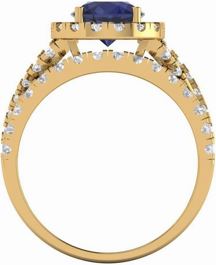 Clara Pucci 2.40ct Round cut Custom Engraving Halo Faux Blue Sapphire Engagement Ring Band Wedding Bridal Set 14k Yellow Gold Size 10