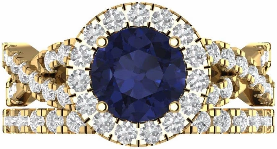 Clara Pucci 2.40ct Round cut Custom Engraving Halo Faux Blue Sapphire Engagement Ring Band Wedding Bridal Set 14k Yellow Gold Size 10