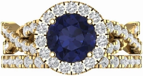 Clara Pucci 2.40ct Round cut Custom Engraving Halo Faux Blue Sapphire Engagement Ring Band Wedding Bridal Set 14k Yellow Gold Size 10