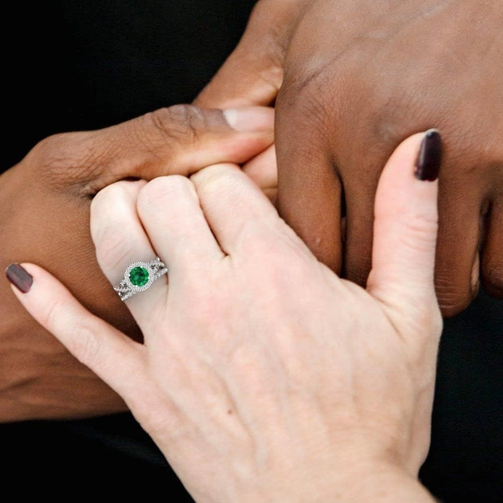 Clara Pucci 2.40ct Round cut Custom Engraving Halo Faux Green Emerald Engagement Ring Band Wedding Bridal Set 14k White Gold 10