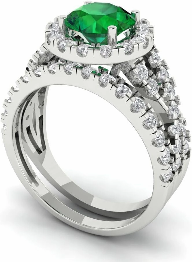 Clara Pucci 2.40ct Round cut Custom Engraving Halo Faux Green Emerald Engagement Ring Band Wedding Bridal Set 14k White Gold 10