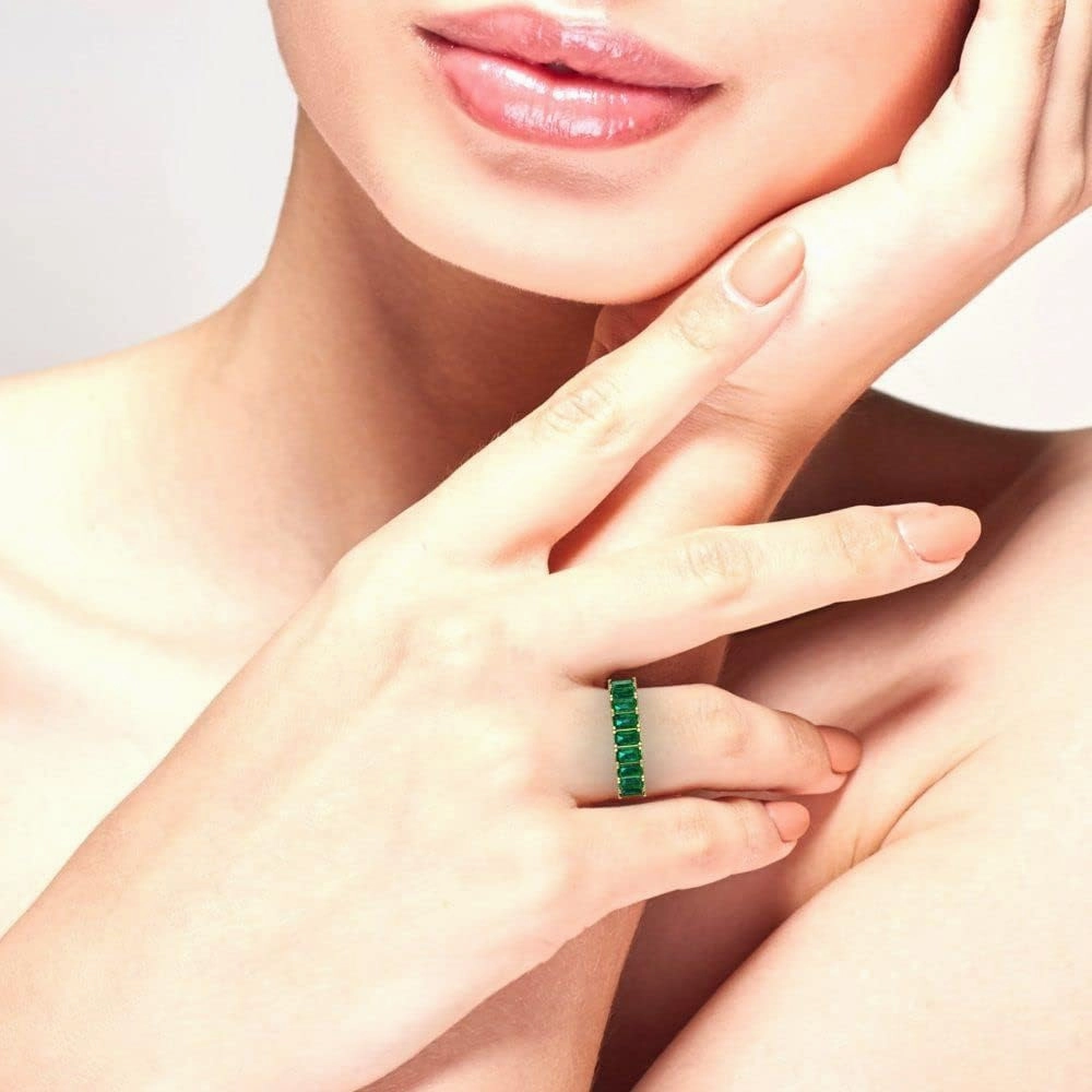 Clara Pucci 2.61 ct Brilliant Emerald Cut Simulated Emerald 18K Yellow Gold Engagement Wedding Eternity Band SZ 6.75