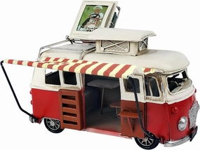 Classical Campervan Car Model Handmde Metal Camper Van Bus Retro Vintage Iron with Top Photo Frame Home Decoration Red